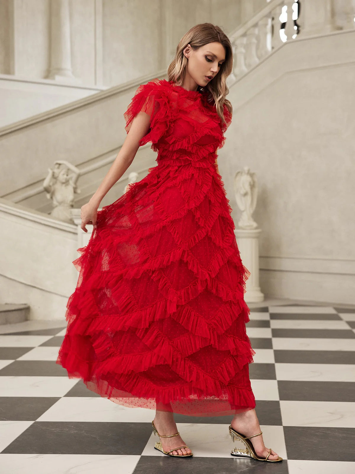 Red short sleeves mesh midi dress