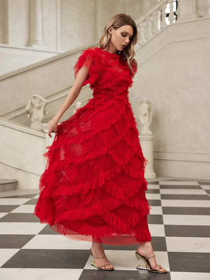 Red short sleeves mesh midi dress