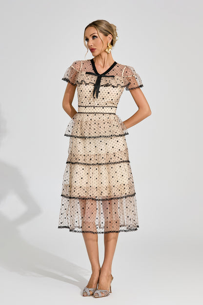 Étoile Noir Tiered Polka Dot Lace Midi Dress
