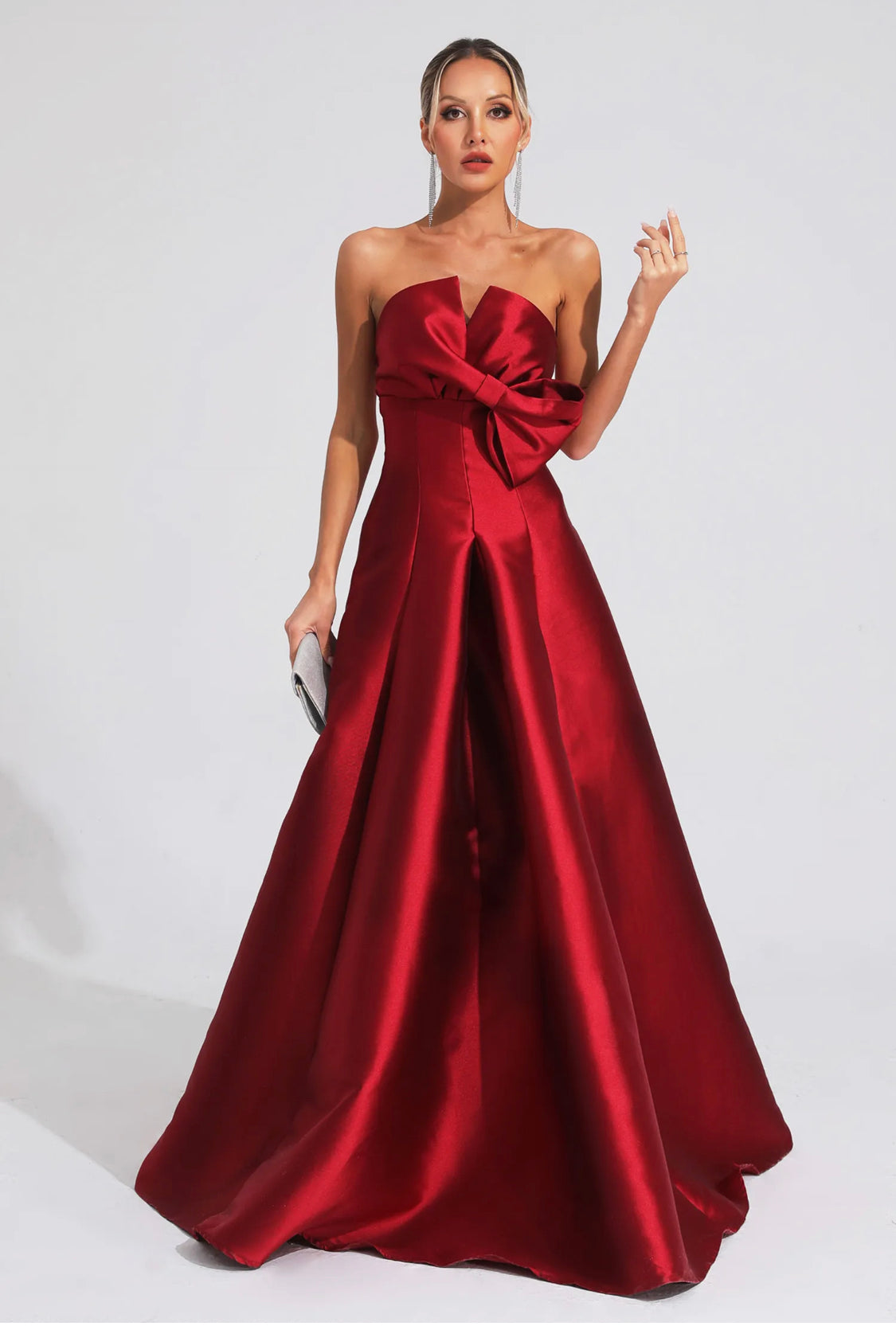 Bow satin red maxi dress