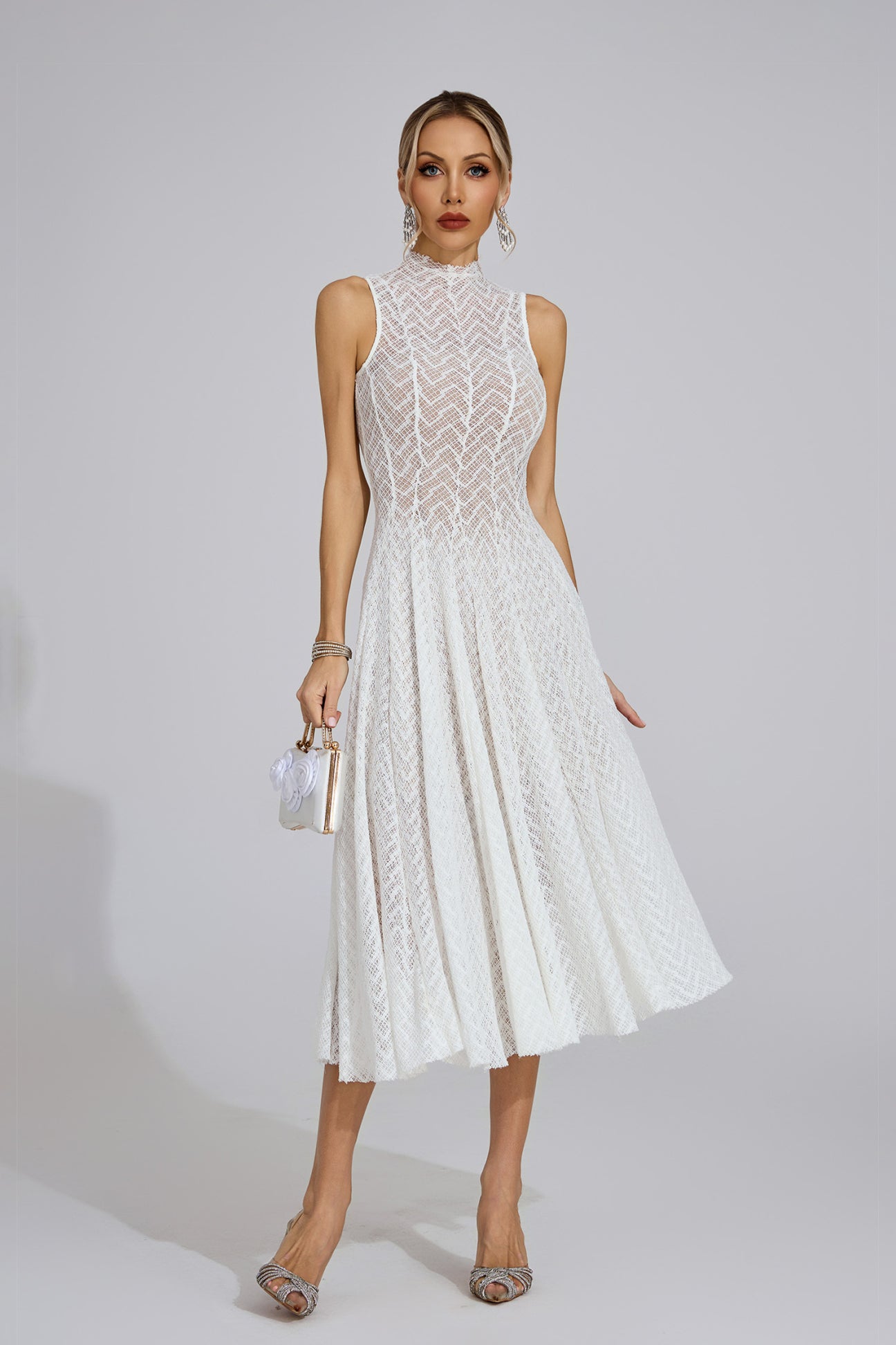 Elara High-Neck Lace Midi Dress