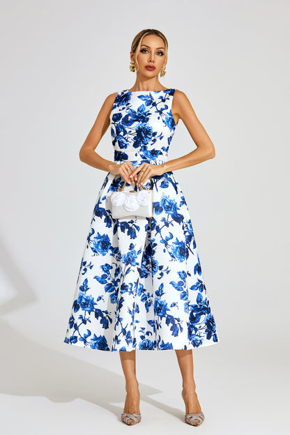 Azure Blossom A-Line Midi Dress