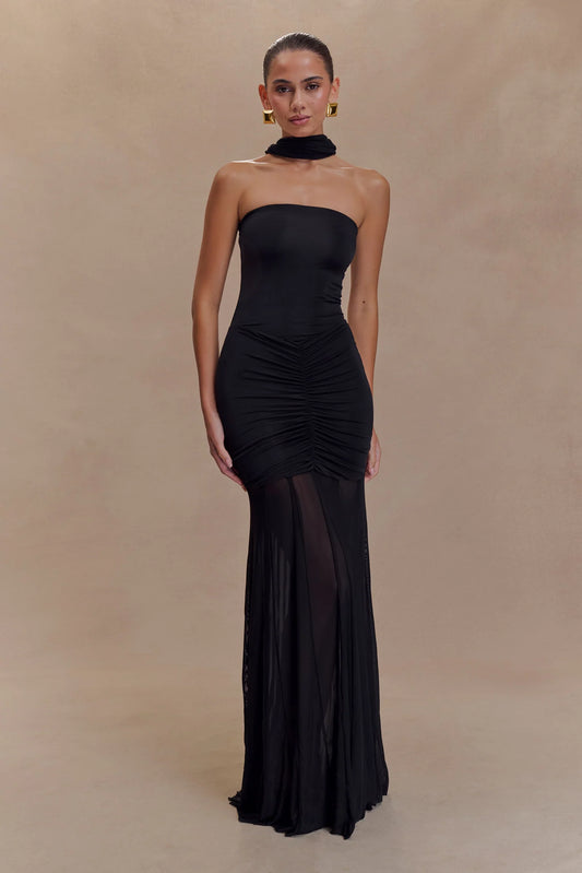 Noir Sheer Ruched Strapless Gown