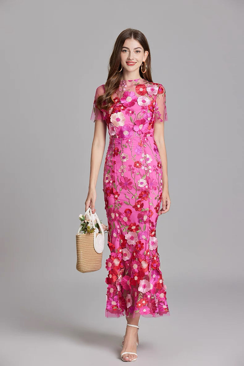 Soleil Bloom Flower Embroidered Midi Dress
