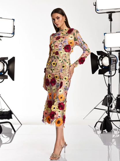 Soleil Bloom Flower Embroidered Midi Dress