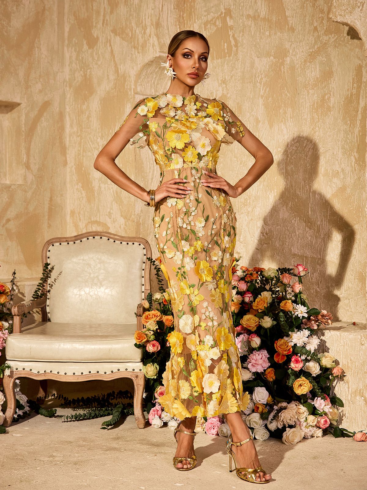 Soleil Bloom Flower Embroidered Midi Dress