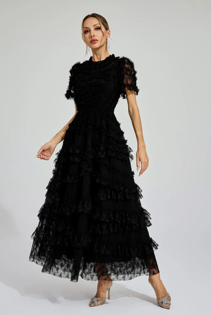 Floral mesh Black midi dress (Preorder)