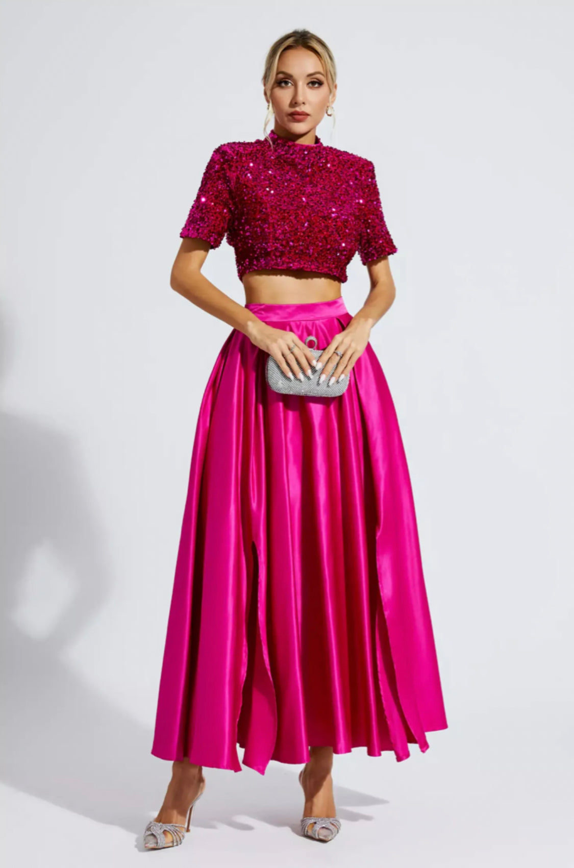 Belle pink sequin top/satin skirt set