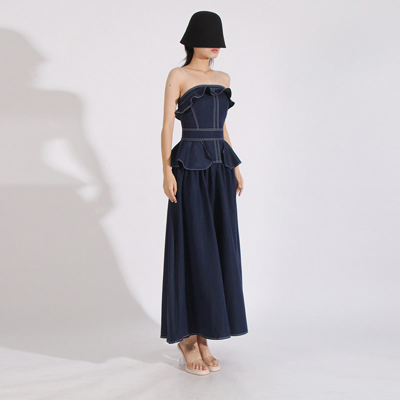 Strapless denim maxi dress