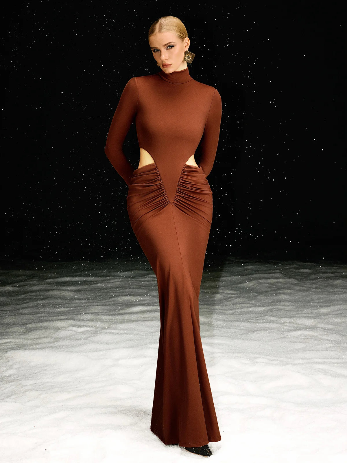 Chocolate Sculpted Cut-Out Long Sleeve Gown