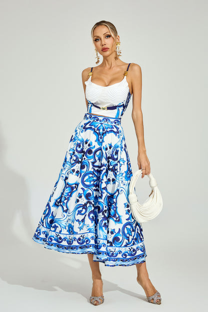 Amalfi Blue Majolica Midi Skirt & Top Set