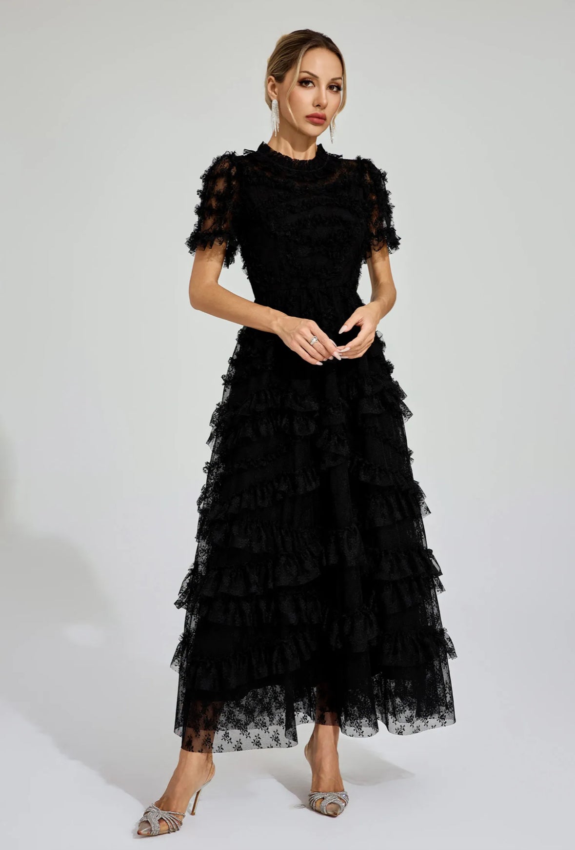 Floral mesh Black midi dress (Preorder)