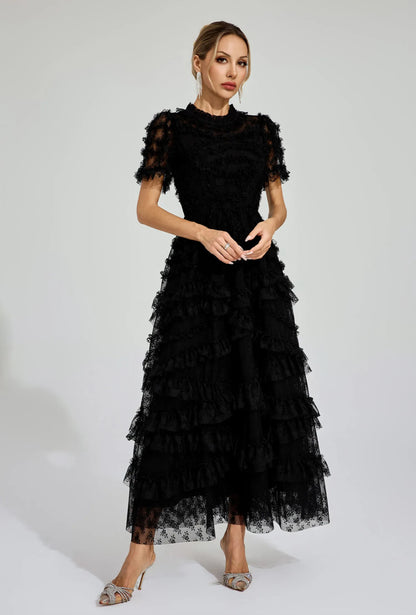Floral mesh Black midi dress (Preorder)