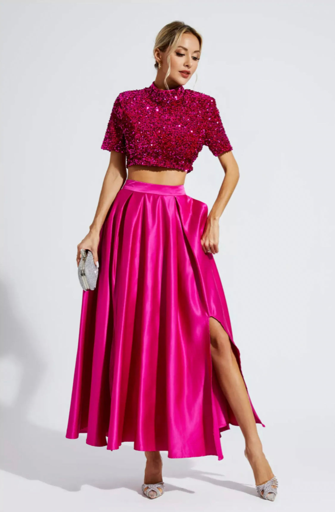 Belle pink sequin top/satin skirt set