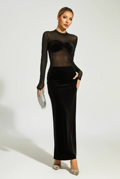 Black velvet mesh maxi dress
