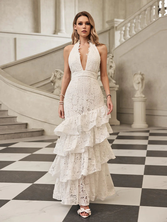 Valencia Ruffle Halter Lace Gown