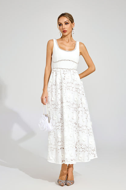 Livia Flower Embroidered Crystal Midi Dress