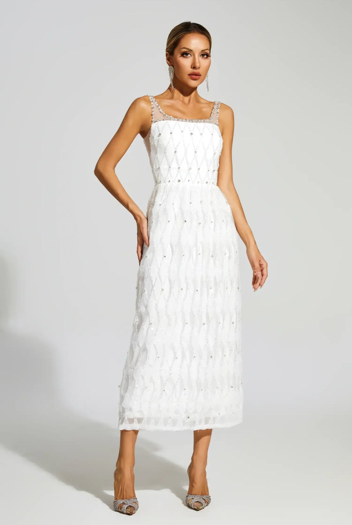 Crystal beads embellished white maxi dress