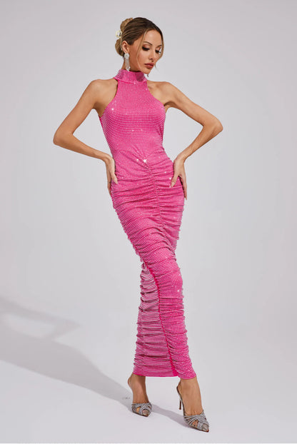 Kaia Rhinestone Ruched Maxi Dress
