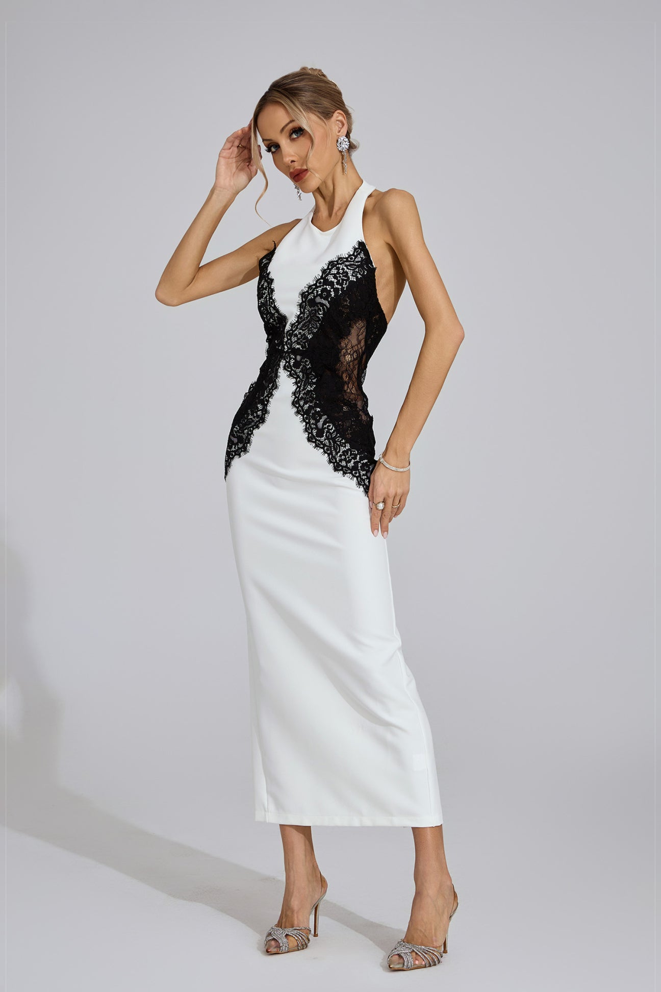 Bianca Lace-Panel Halter Midi Gown