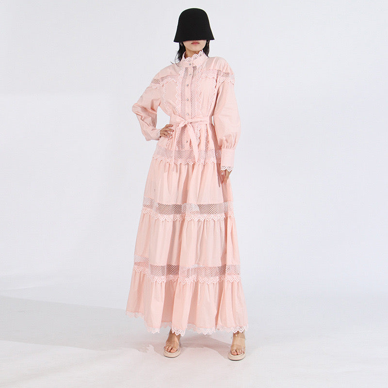 Pink belted long sleeves maxi dress