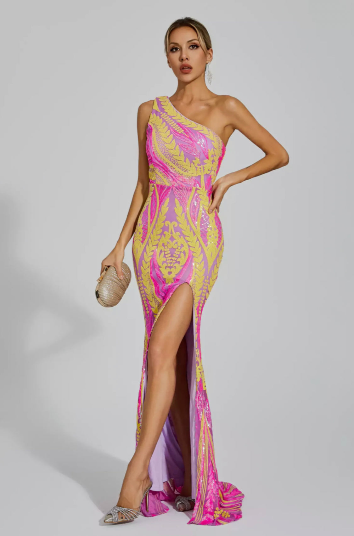 Phelps yellow/pink sequin maxi dress