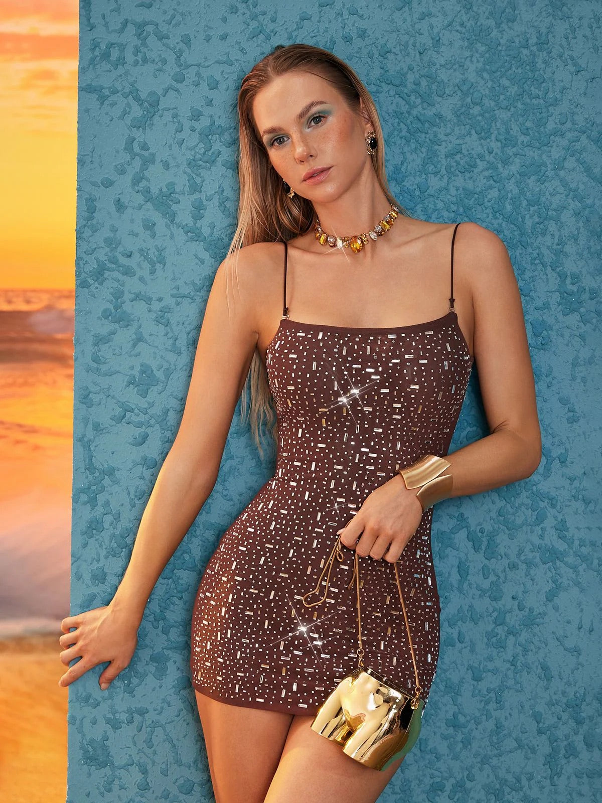 Indie rhinestone mini dress/brown