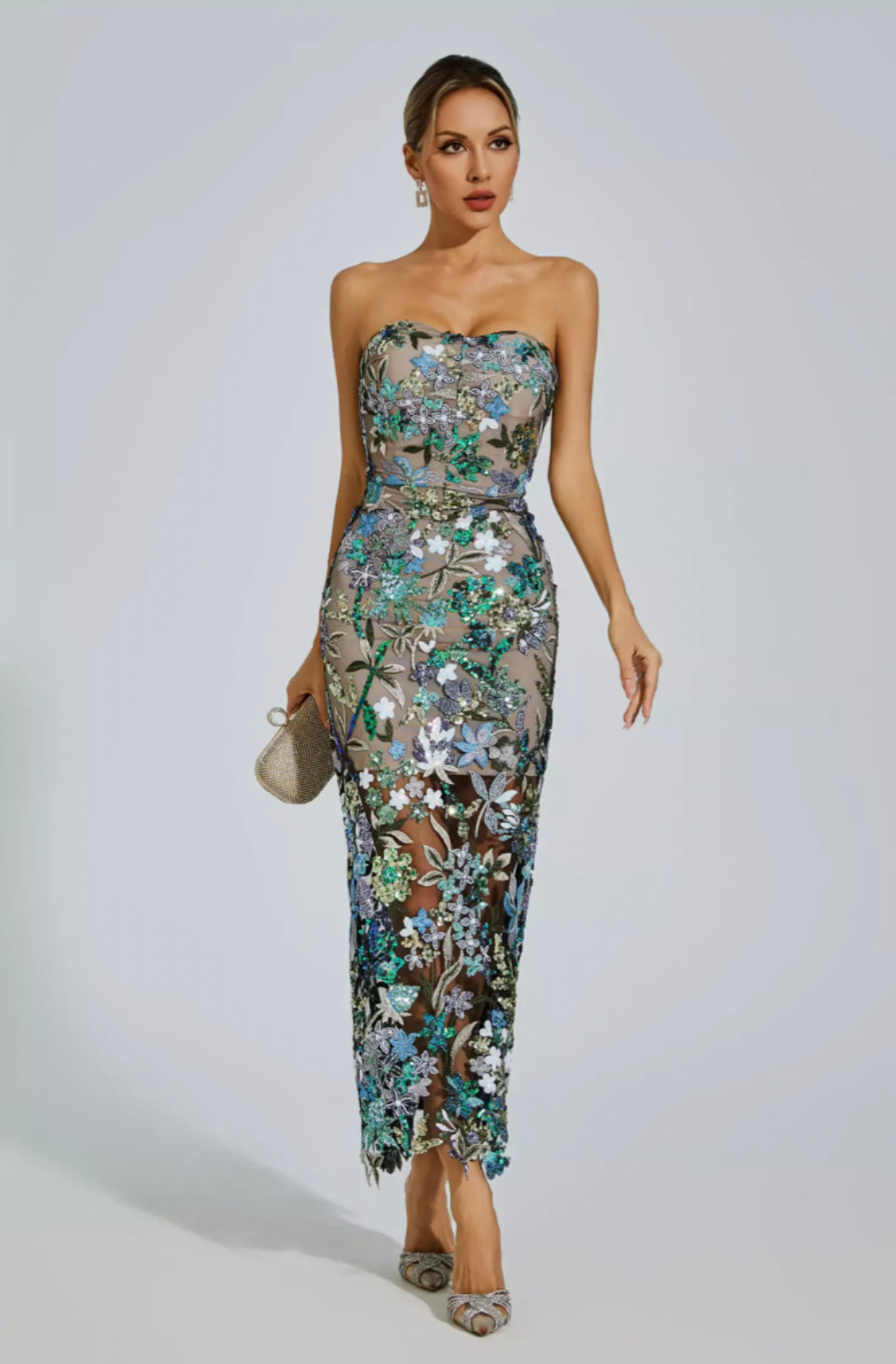 Leanna green/blue flower midi dress