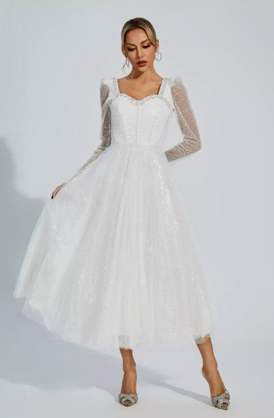 Kamiyah white mesh midi dress