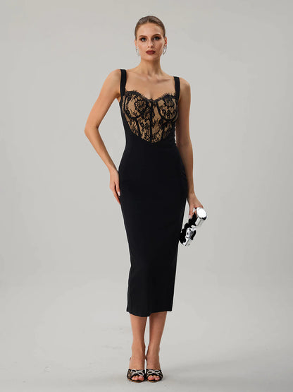 Black Lace Bustier Midi Dress
