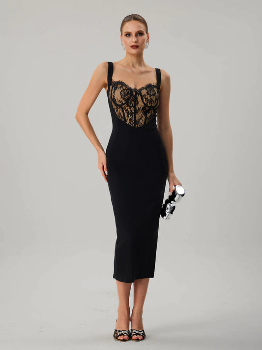 Black Lace Bustier Midi Dress