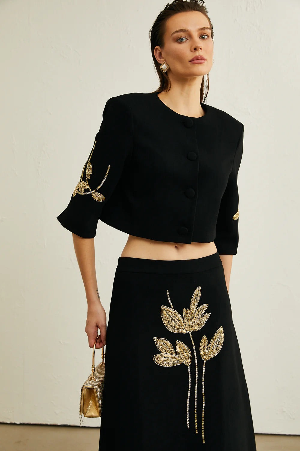 Flower appliqué top/skirt set