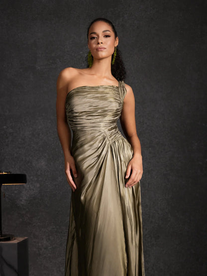 Olive One-Shoulder Satin Gown