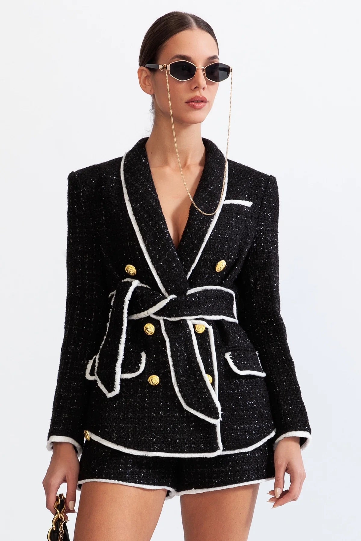 Black tweed belted blazer (8284718760174)