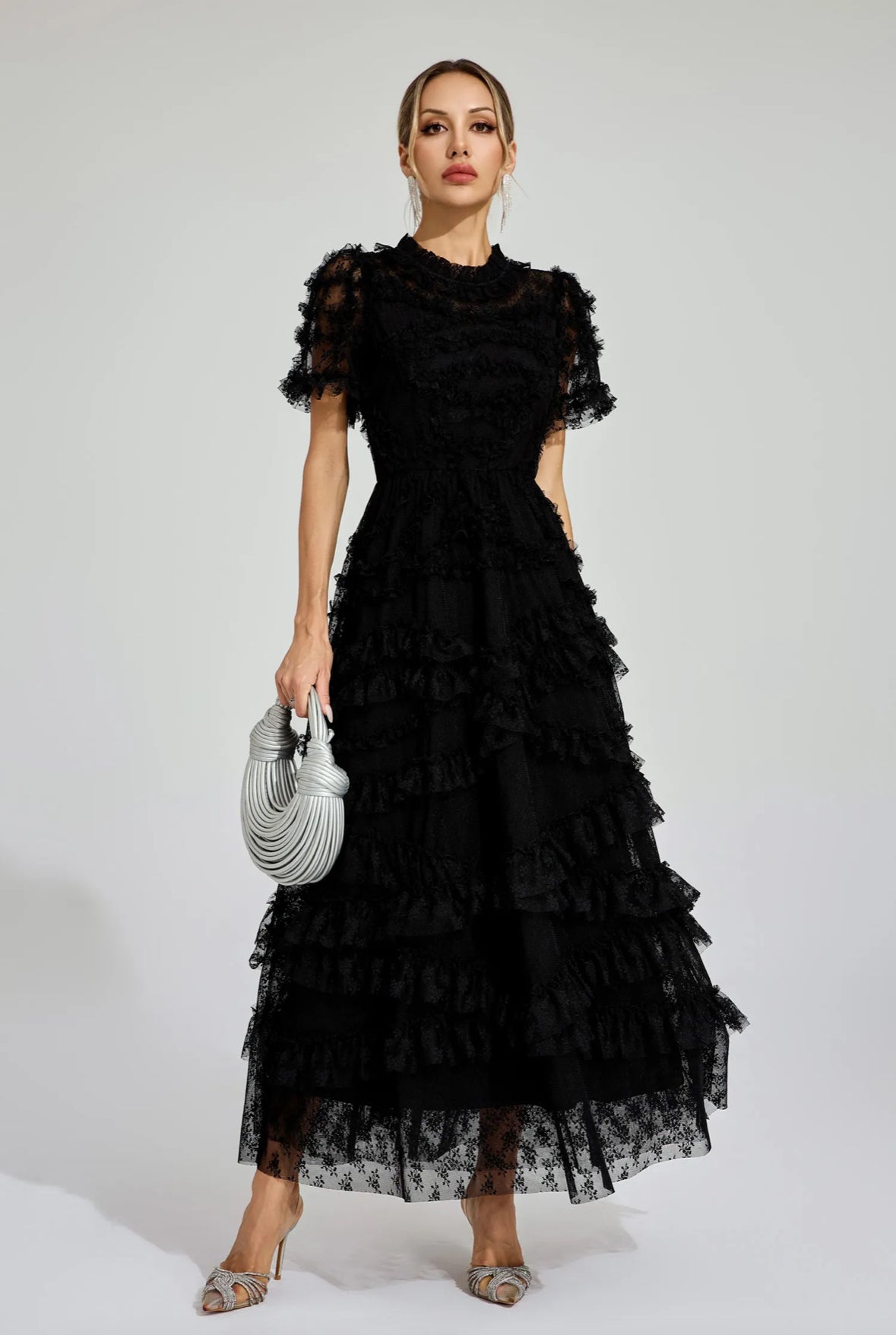 Floral mesh Black midi dress (Preorder)