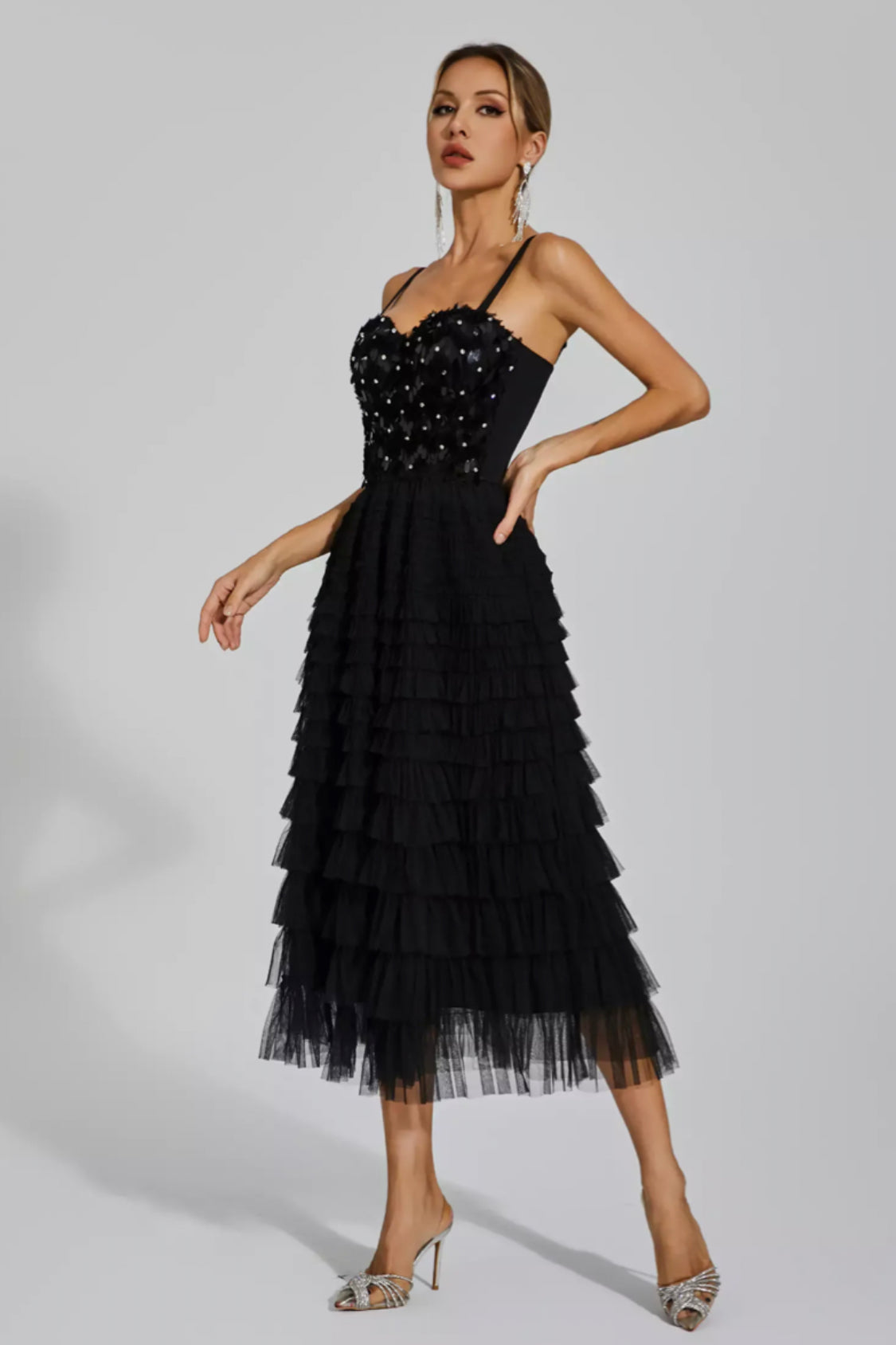 Tatiana black tulle midi dress