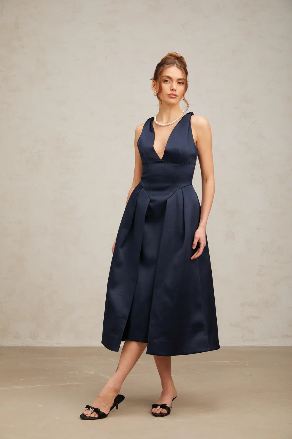 Dark blue satin midi dress