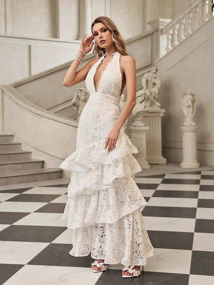 Valencia Ruffle Halter Lace Gown