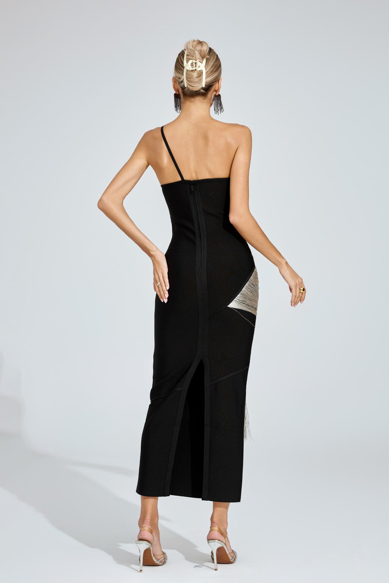 Noir Silver Fringe One-Shoulder Dress