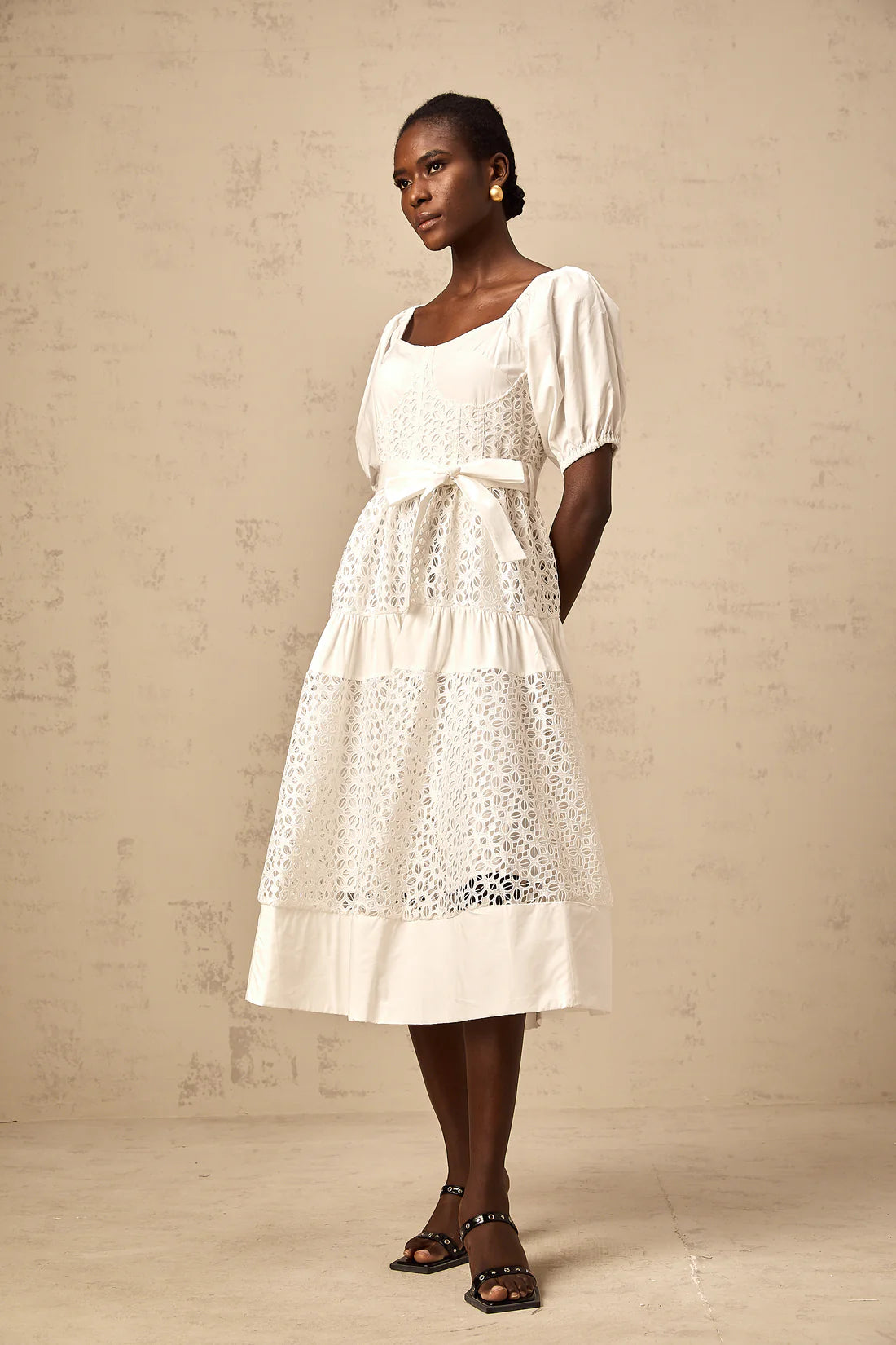 Corded lace tiered midi dress