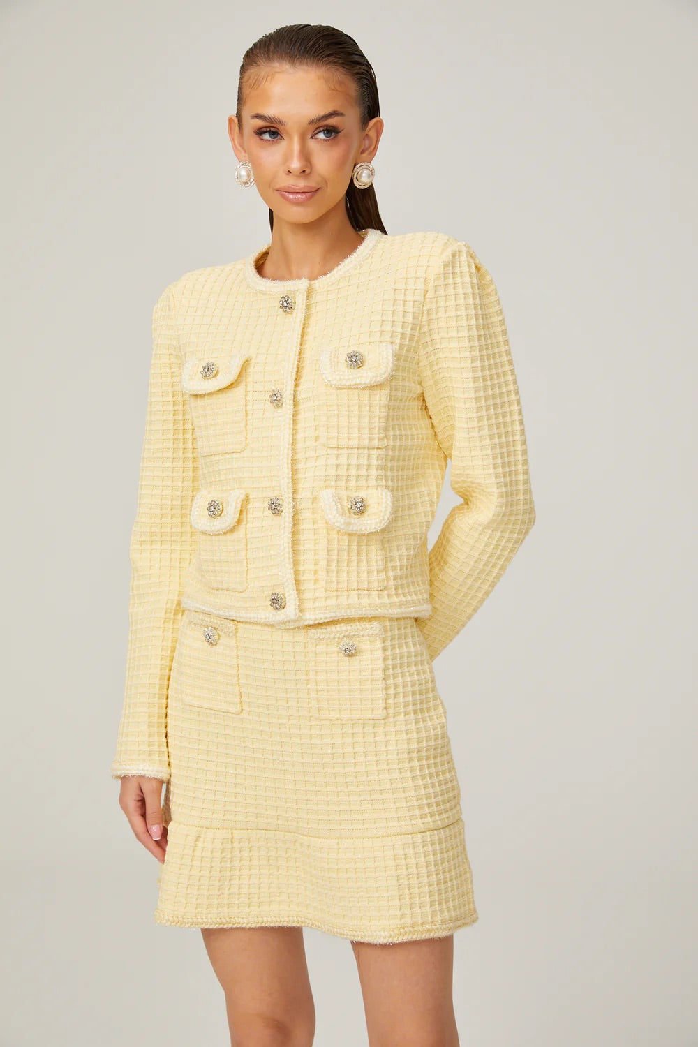 Yellow Waffle-knit jacket/skirt set