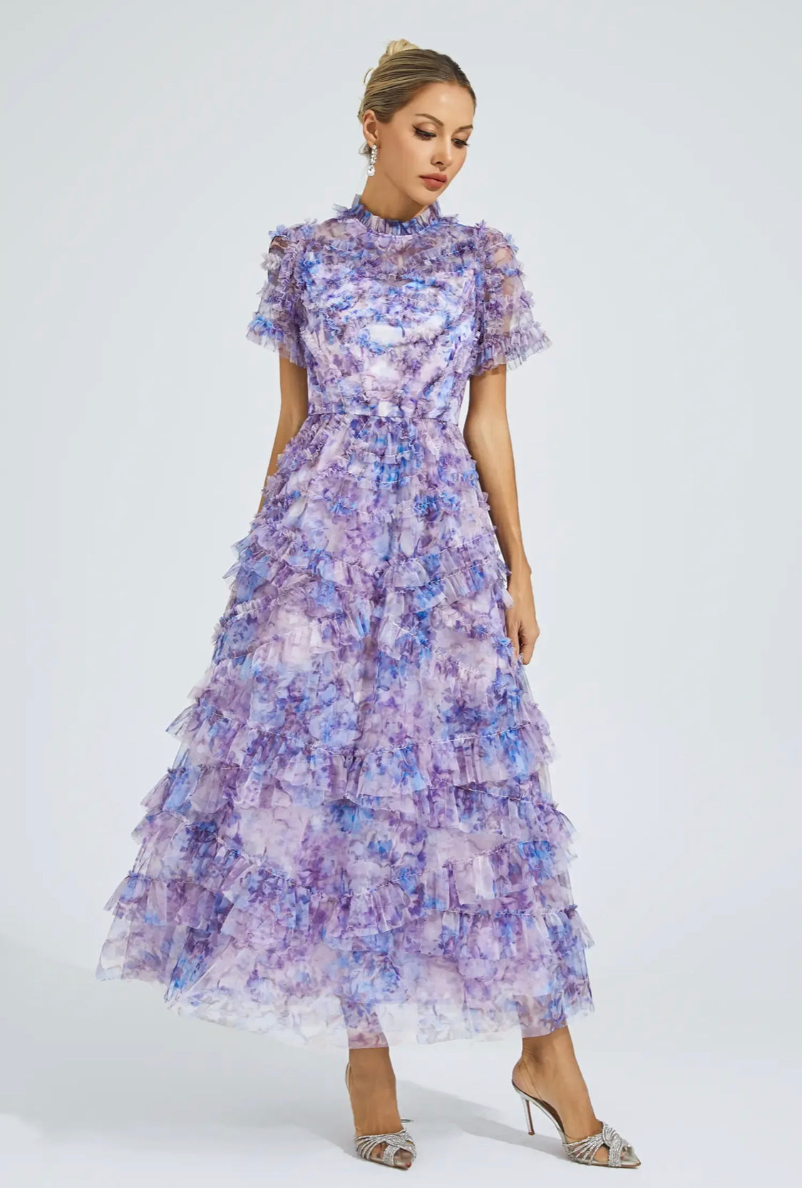 Floral purple short sleeves mesh midi dress (Preorder)