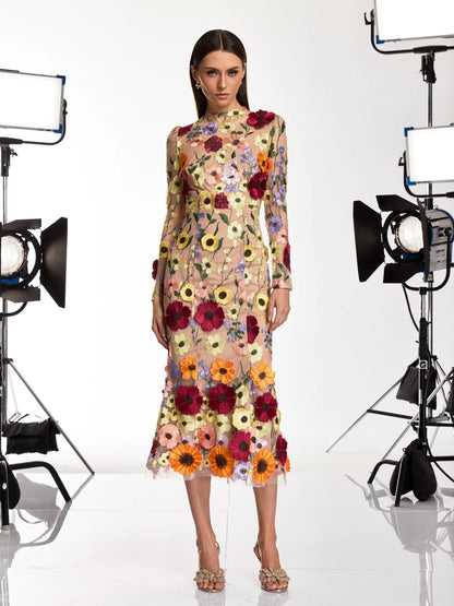 Soleil Bloom Flower Embroidered Midi Dress