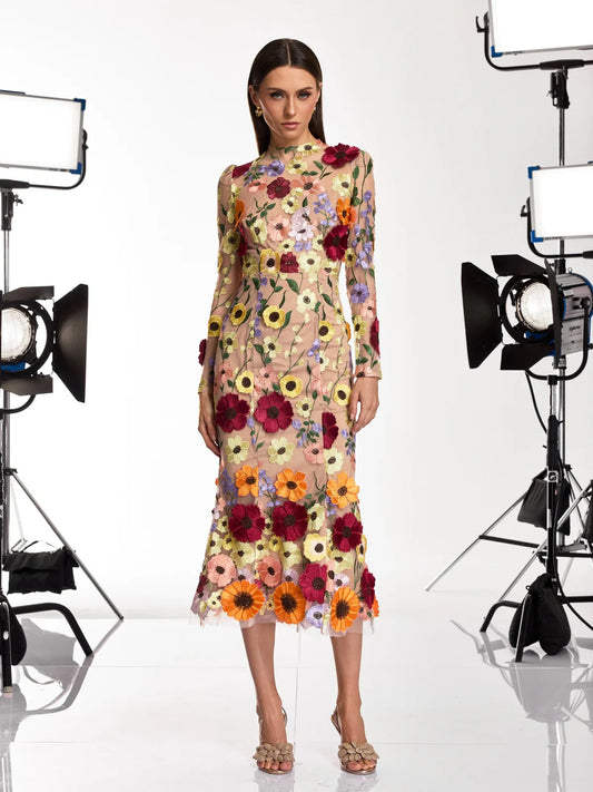 Soleil Bloom Flower Embroidered Midi Dress