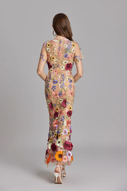 Soleil Bloom Flower Embroidered Midi Dress