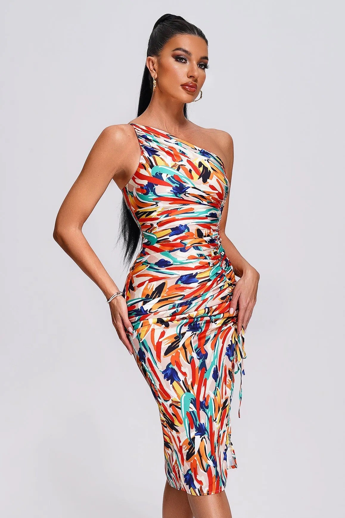 Prints one shoulder midi dress (8307523715310)