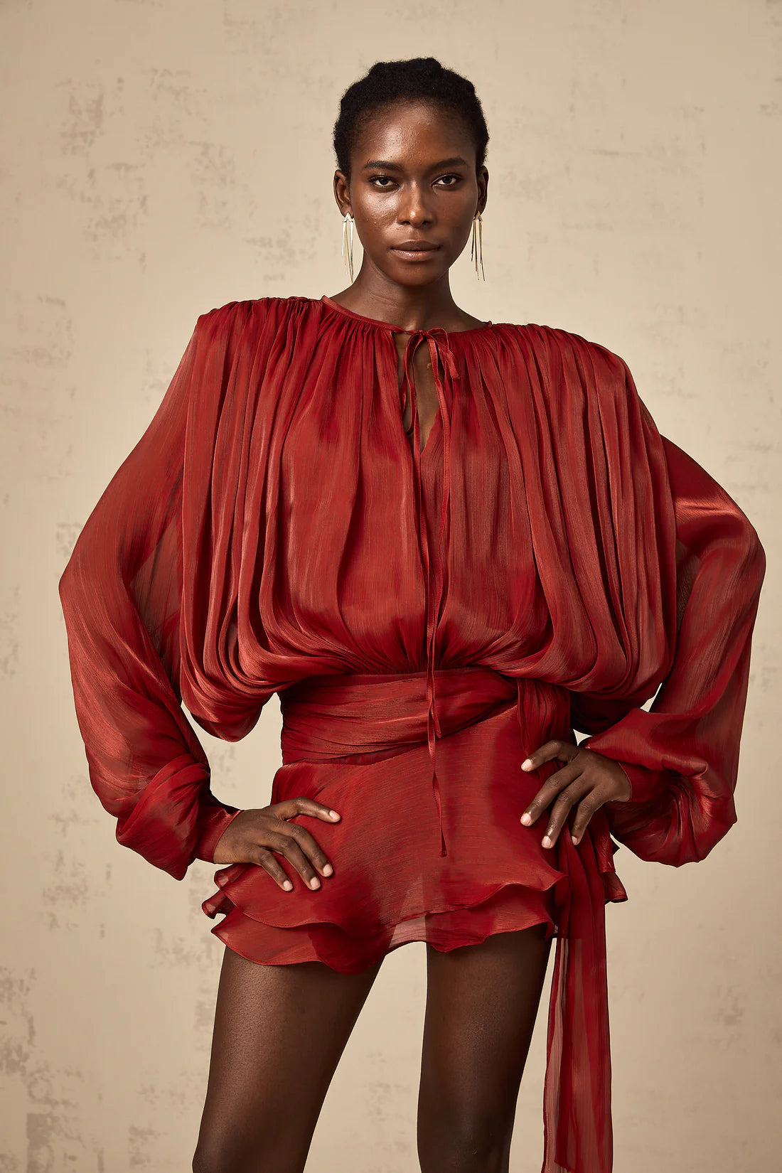 Ruffled draped red mini dress