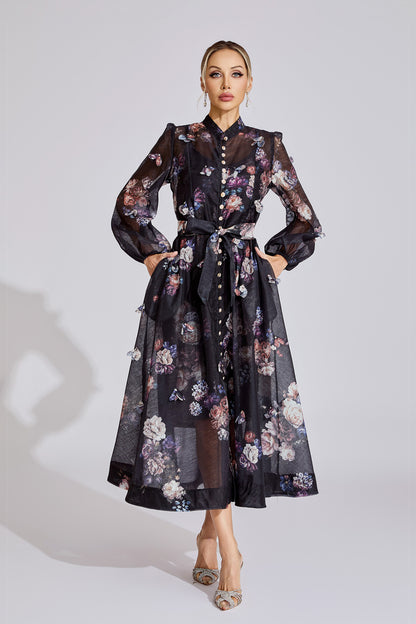 Midnight Bloom Organza Maxi Dress