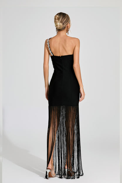 Cassia Crystal Strap Fringe Gown