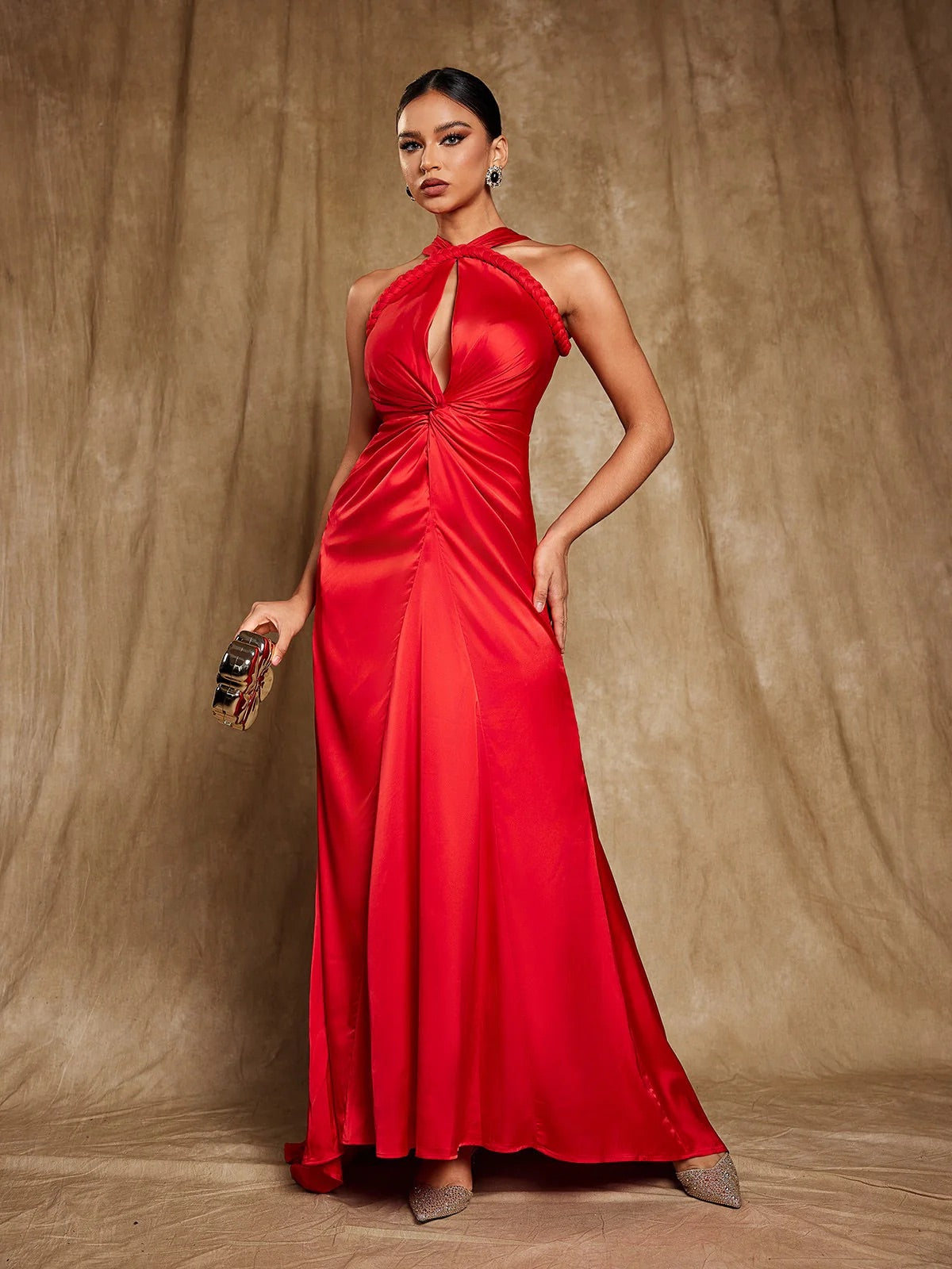 Halterneck satin red maxi dress